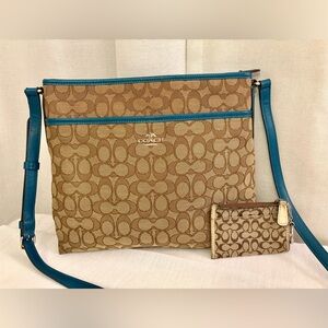 Coach Signature File Crossbody Bag F34938 Teal Leather Trim + FREE Coin Purse